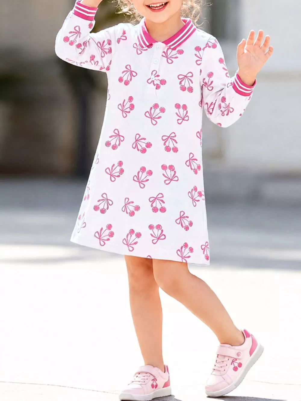 white polo dress with cherry print and collared