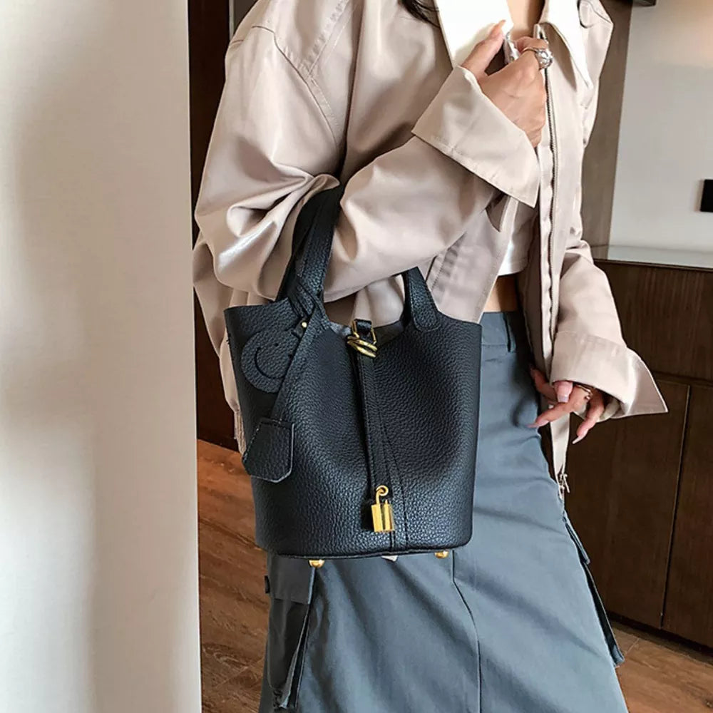 Black Bucket Crossbody Bag With Lock Detail