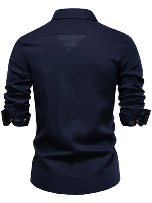 Dark Navy utility shirt with contrast stitching, buttoned cuffs, and rolled sleeves.