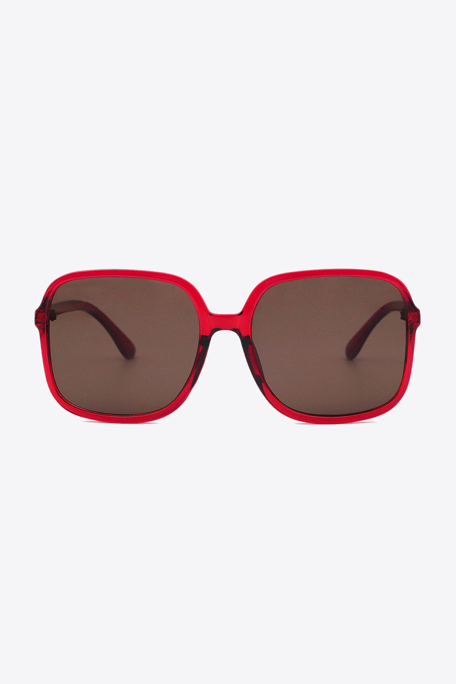 Red square frame sunglasses with brown lenses and bold acetate frames.