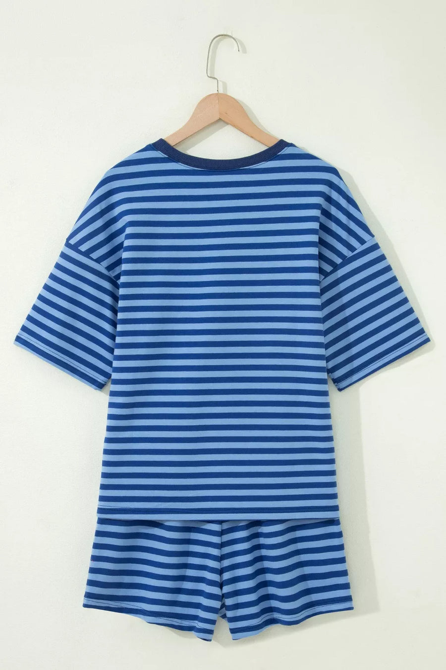 Blue striped cotton two-piece set with crew neck t-shirt and shorts.