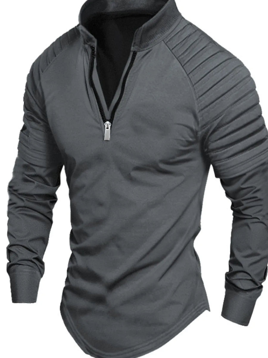 Dark Gray pullover shirt with zip neck and pleated sleeves