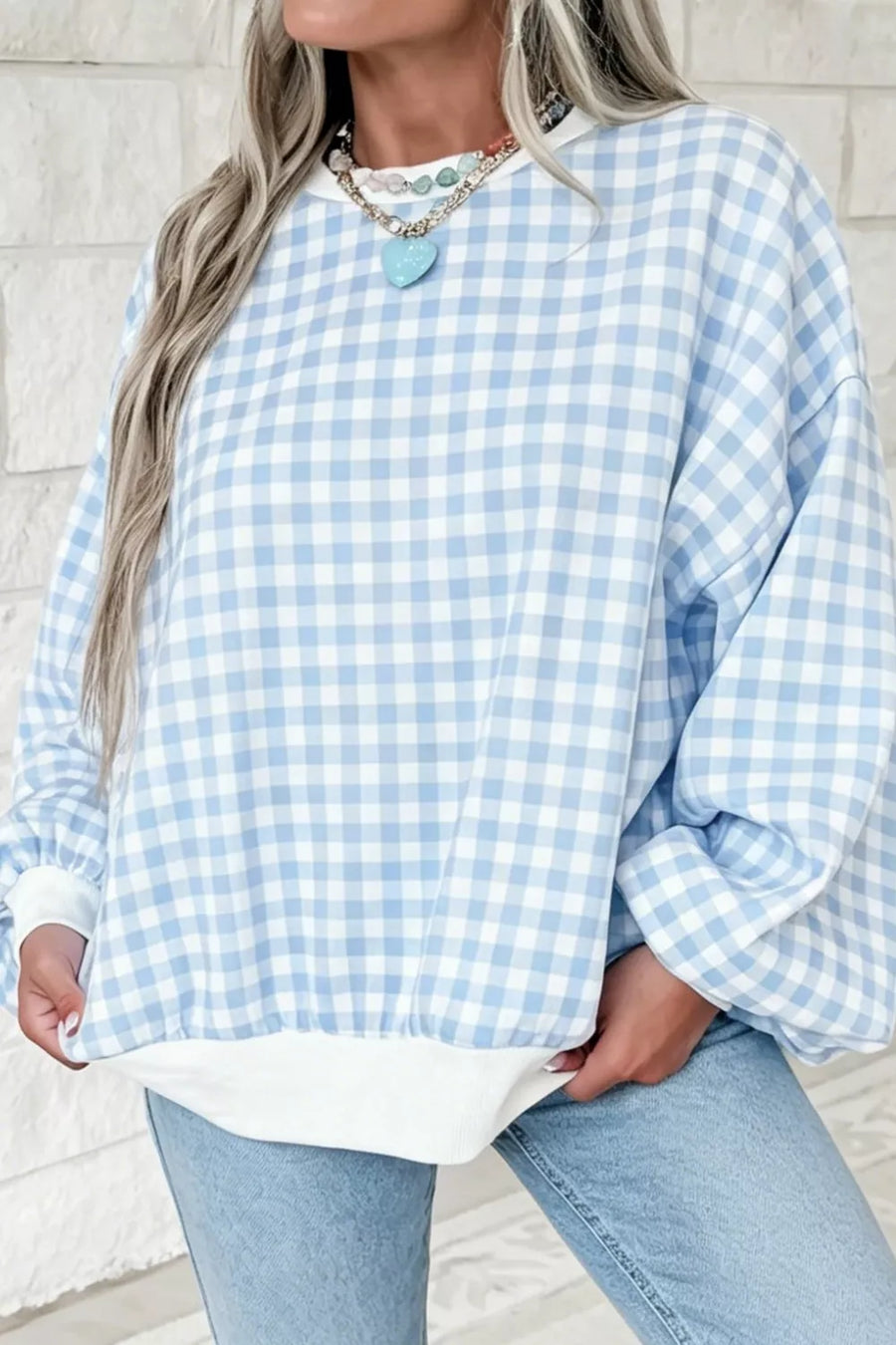 Blue gingham sweatshirt with white trim and crew neck
