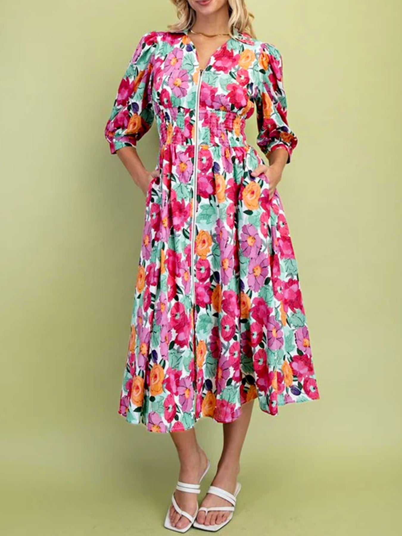 Floral V-neck zip midi dress with smocked waist and puff sleeves in a cotton blend.