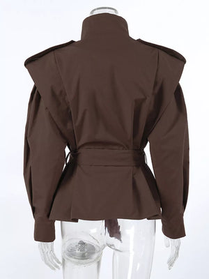 black trench coat with hip-length and button-front