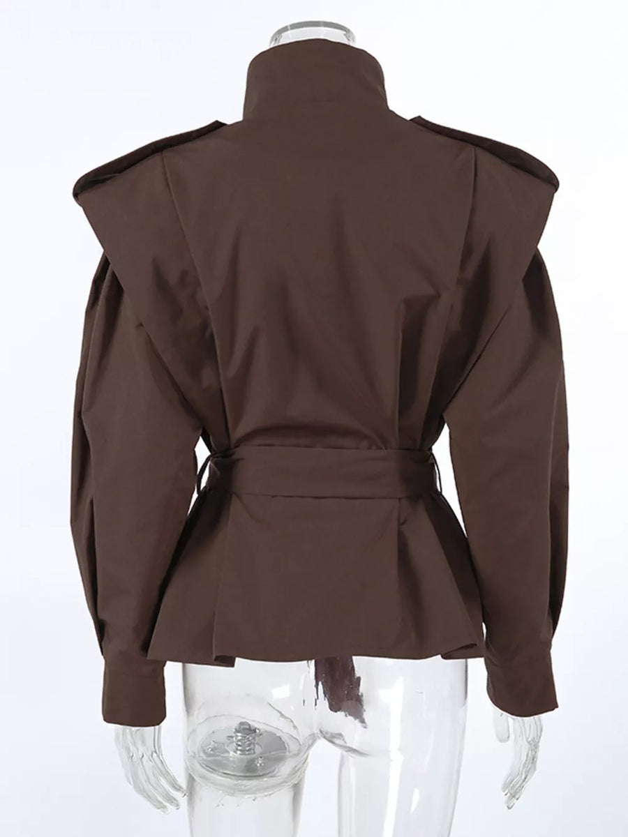 black trench coat with hip-length and button-front