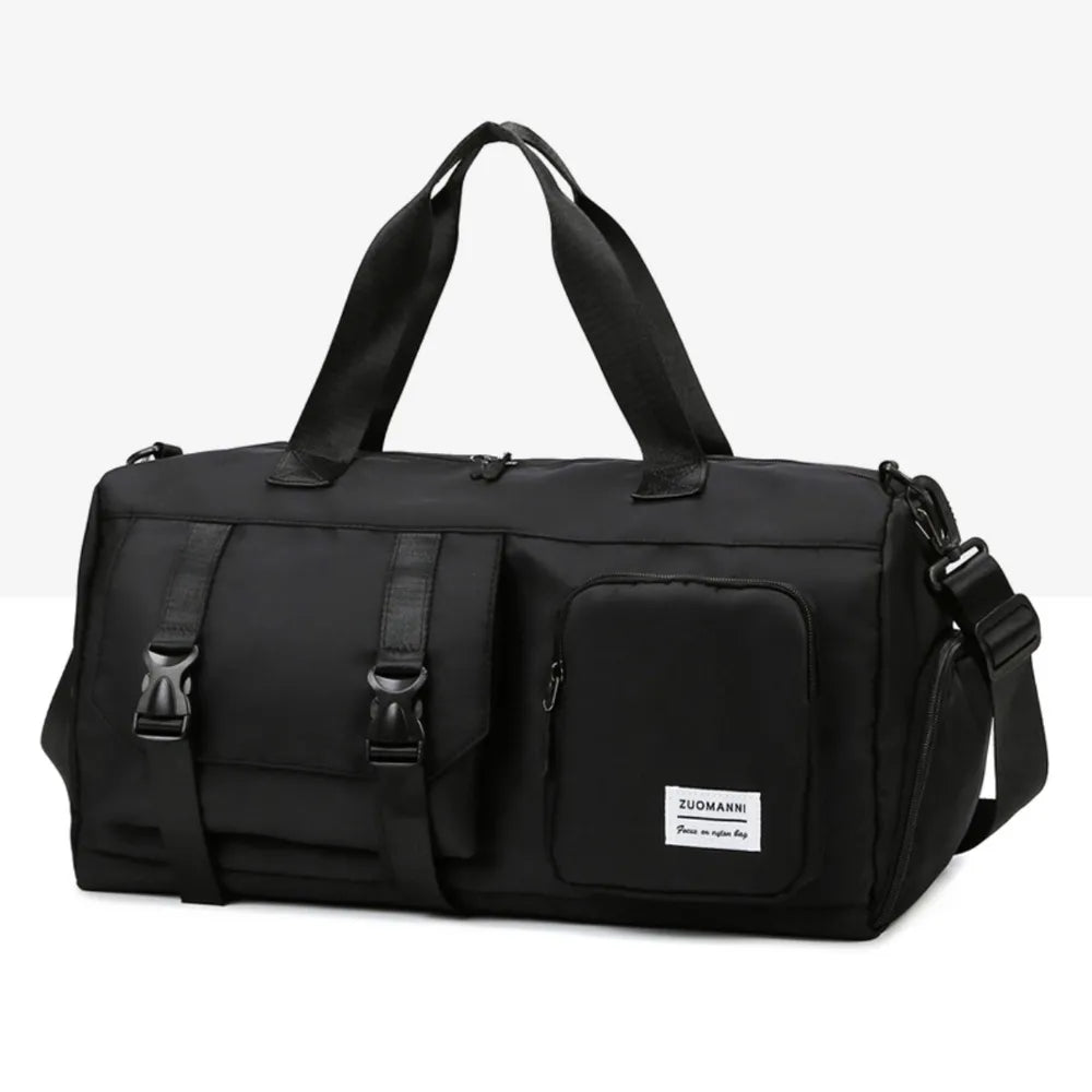 Black duffel bag with buckle details and multiple pockets, perfect for travel or gym.
