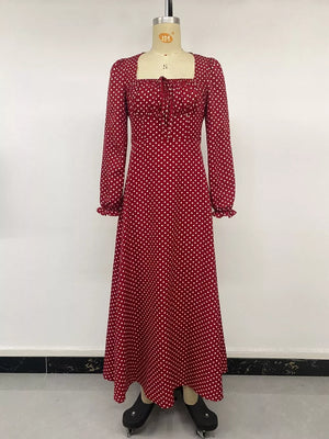 Square Neck Polka Dot Maxi Dress in Red with tied