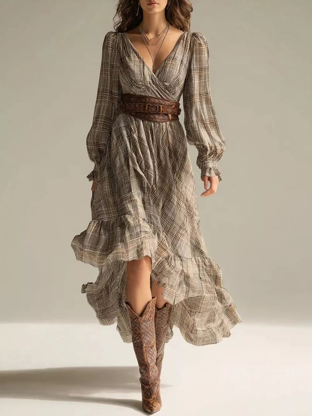 light brown wrap dress with plaid and deep v-neck