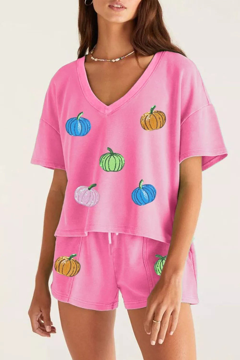 hot pink pajama set with pumpkin and v-neck