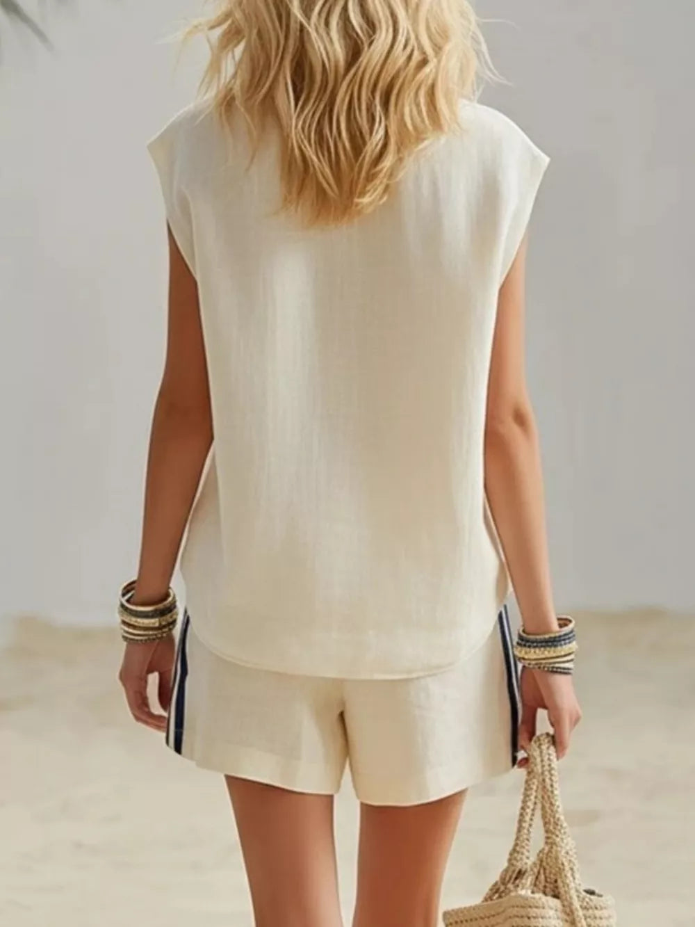 Cream linen sleeveless top and striped shorts set