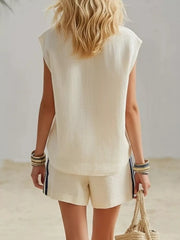 Cream linen sleeveless top and striped shorts set