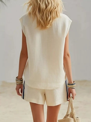 Cream linen sleeveless top and striped shorts set