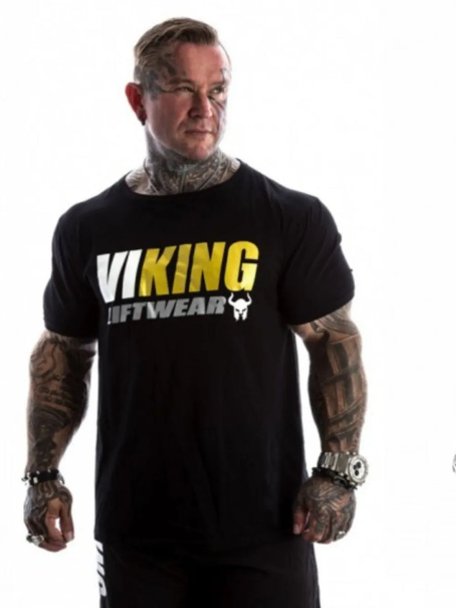 Black graphic t-shirt with white and yellow Viking Liftwear logo on front.
