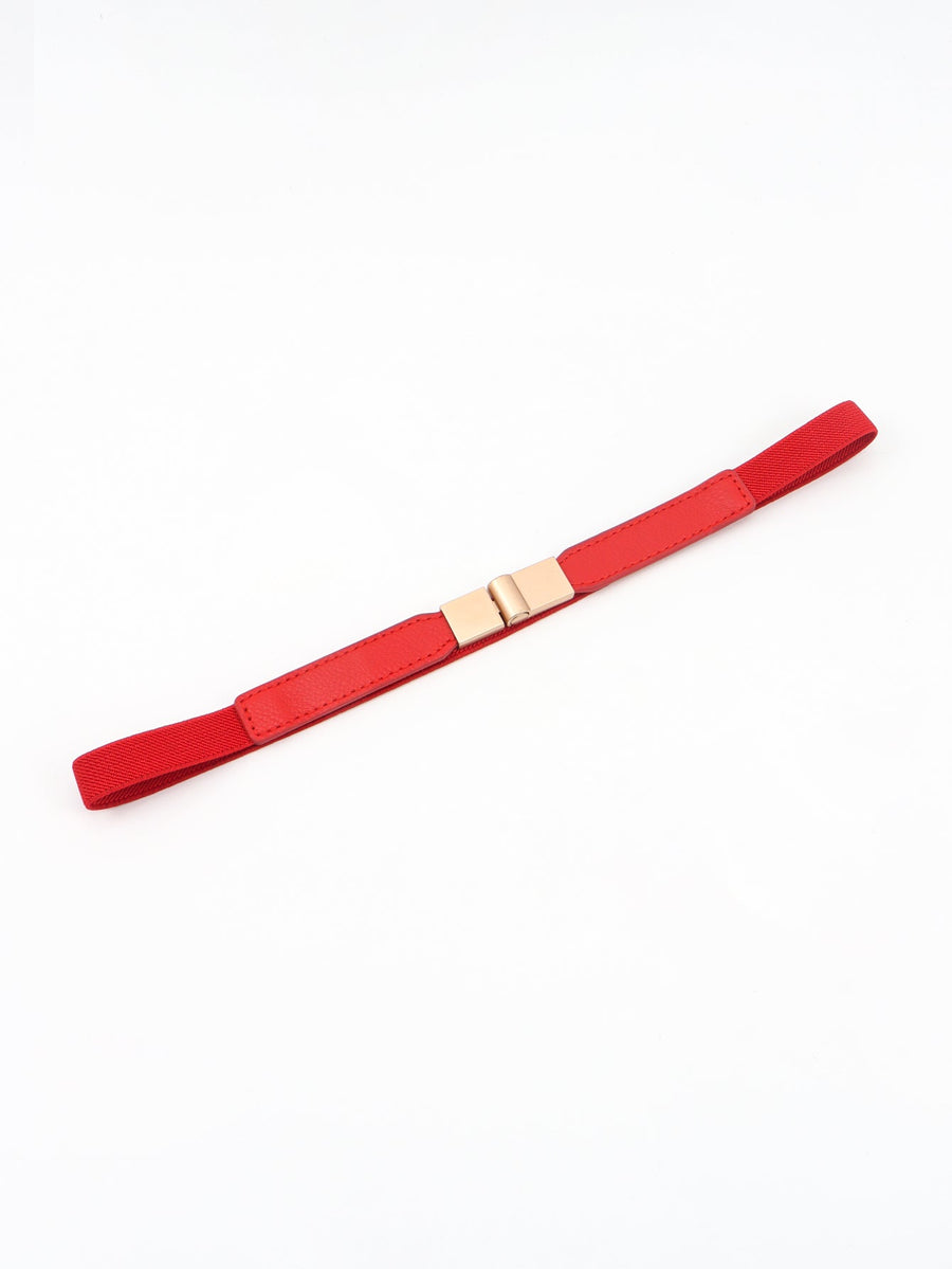 Red elasticated buckle belt with gold-tone clasp and leather detail