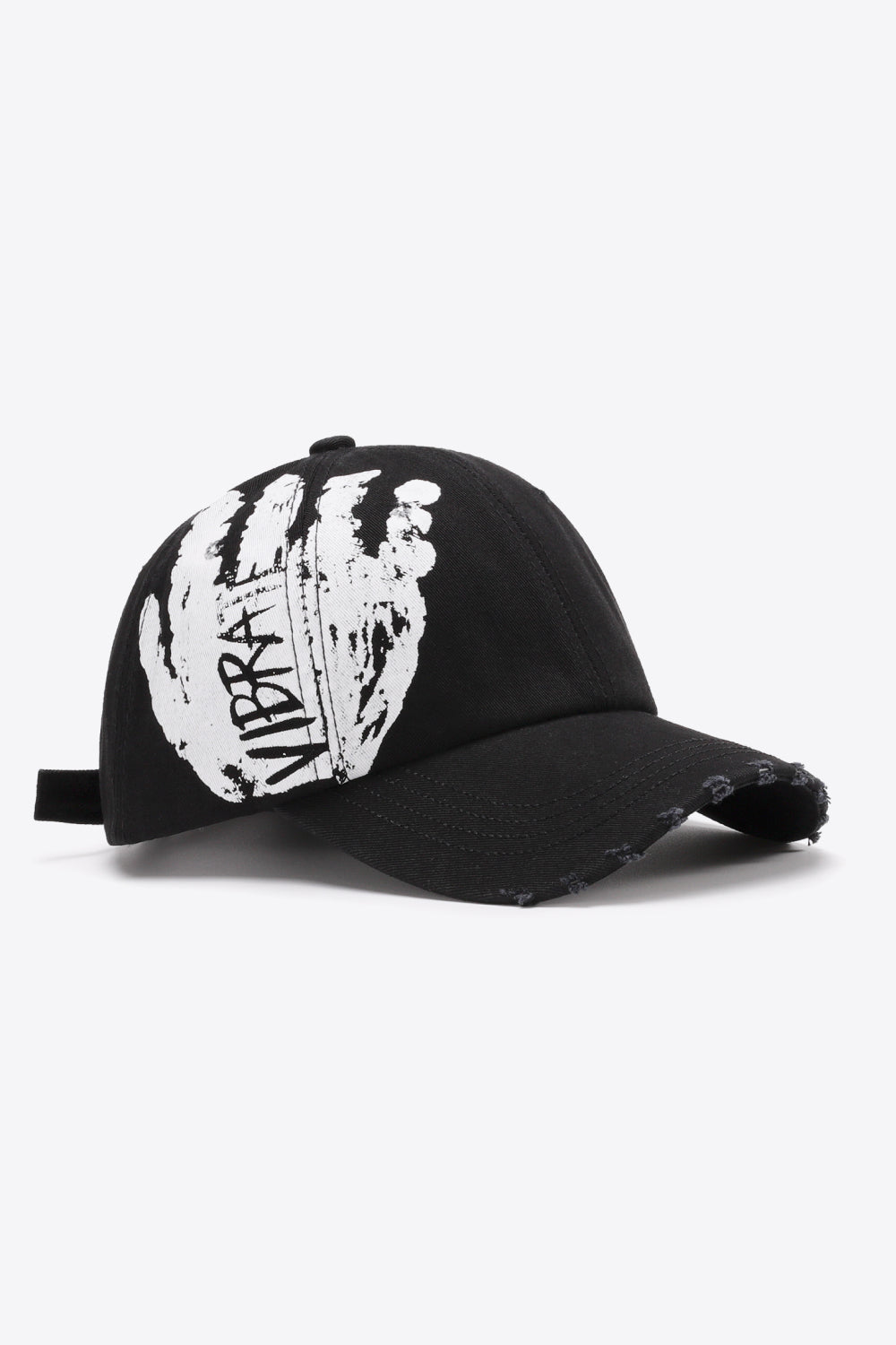 Black baseball cap with distressed brim and white VIBRA graffiti graphic