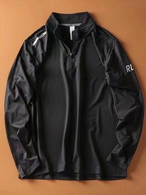 Black quarter-zip long-sleeve sweatshirt with "SPORT" and "RL" graphic details.