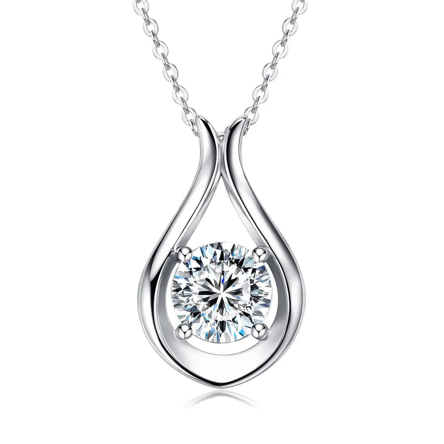 Silver teardrop pendant necklace with round moissanite stone