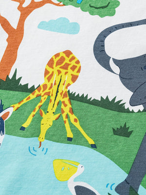 Toddler t-shirt with safari animals print, featuring a giraffe drinking water, elephant, and pelican.
