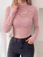 Lace Mock Neck Long Sleeve Top in Black