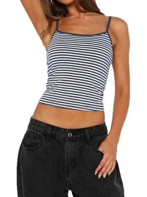 Blue and white striped fitted cami top with navy trim, cropped length.