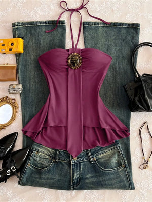 Apricot with Embellished Front Halter Neck Cami in Apricot