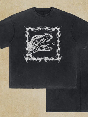 Black distressed graphic tee with dinosaur motif and distressed details.