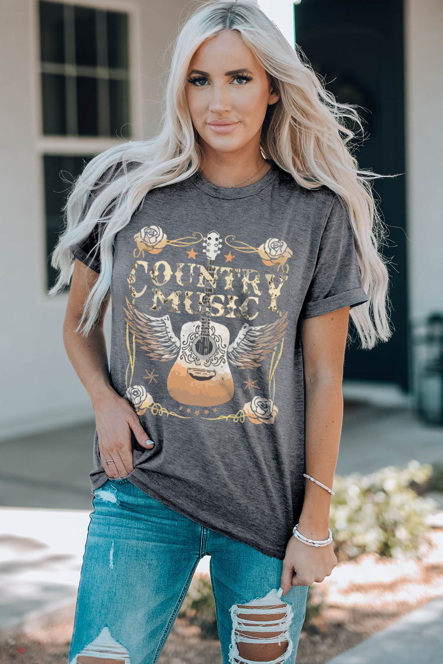 Mid Gray country music graphic tee with guitar and wings design