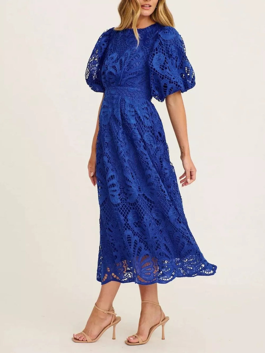 Blue lace midi dress with puff sleeves and a scalloped hem