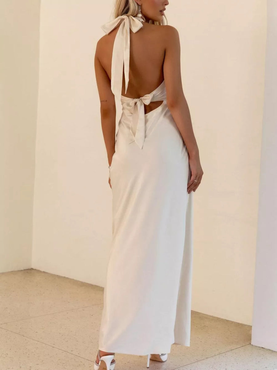 White cotton backless halter neck maxi dress with tie back detail.
