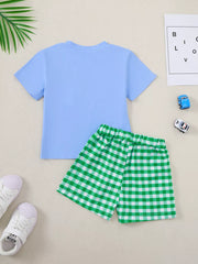 Baby cotton set with light blue t-shirt and green gingham shorts