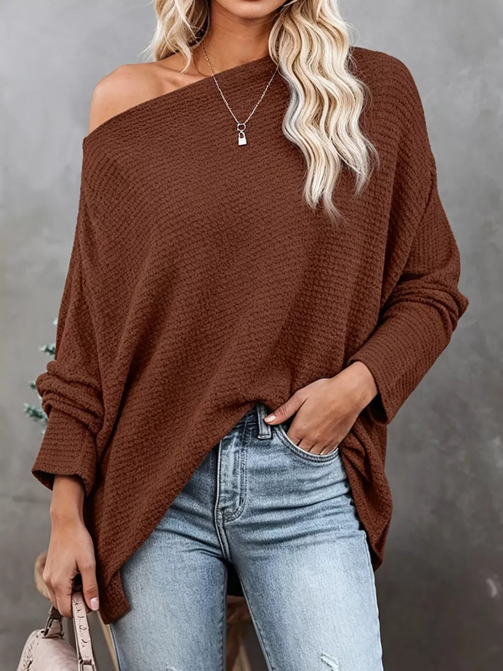Brown One-shoulder Waffle Knit Top