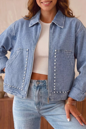 Studded Zipper Rivet Pockets Denim Jacket option 3