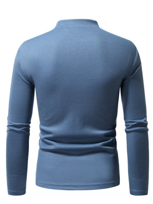 Men's Dusty Blue waffle knit long sleeve undershirt with mock neck.