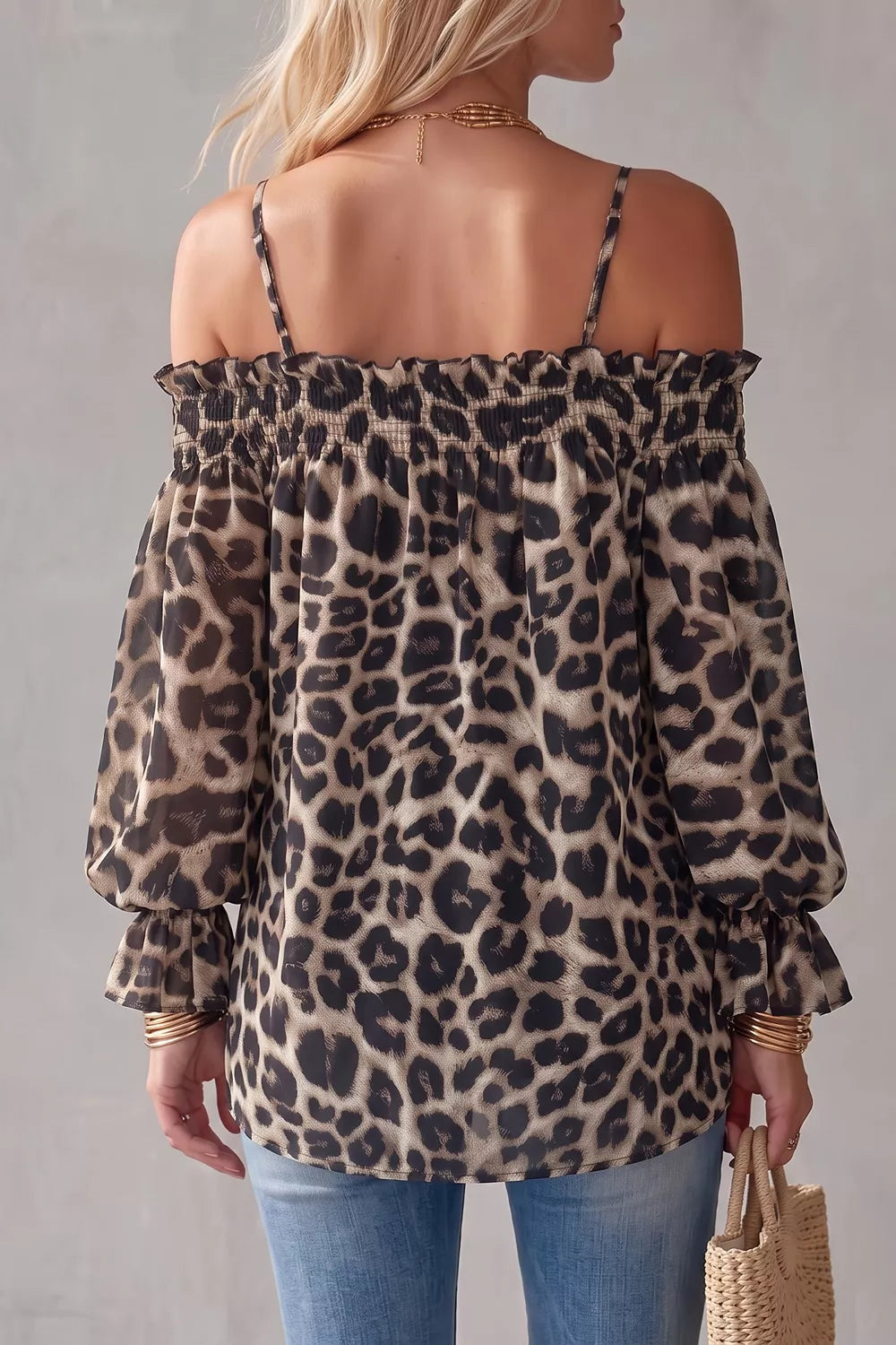 tan blouse featuring ruffled and leopard