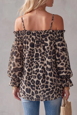 tan blouse featuring ruffled and leopard