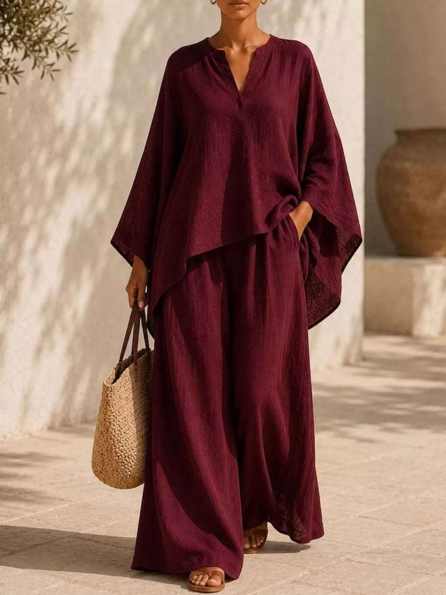 Notched Long Sleeve Top And Wide-leg Pants Set in White, view 11