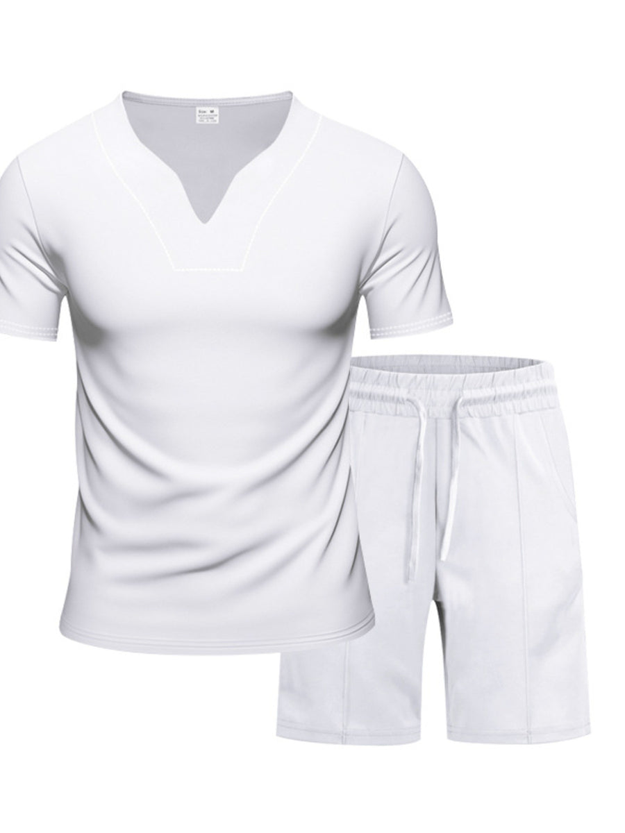 White notched collar v-neck tee and drawstring shorts set