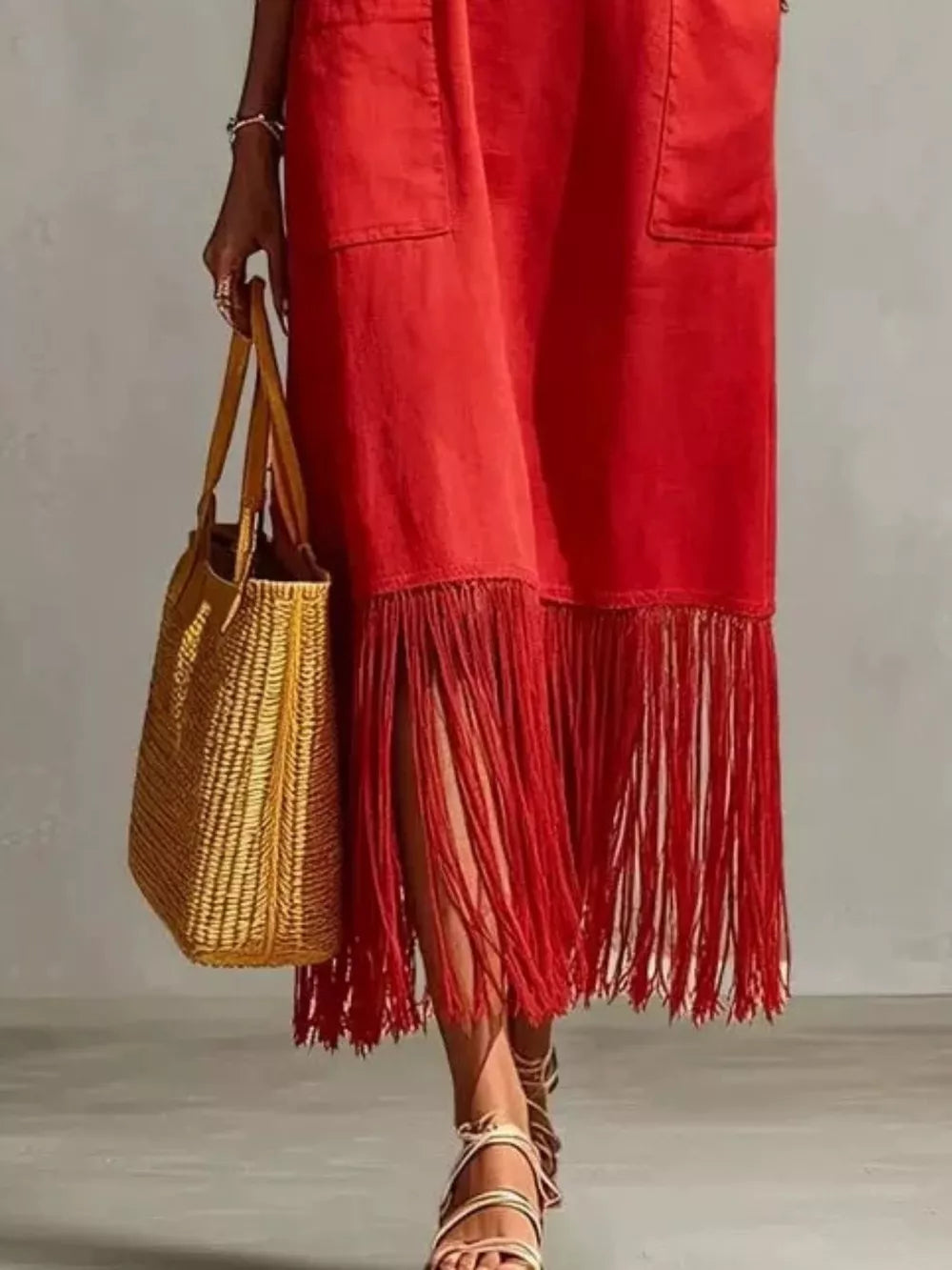 Yellow loose maxi dress with v-neck