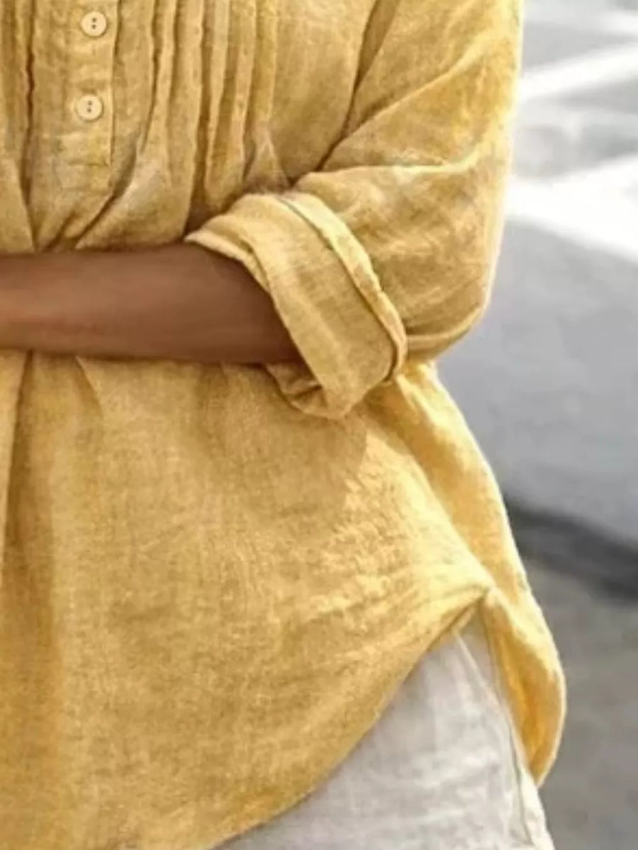 Yellow Casual Button Detail Long Sleeve Linen Shirt