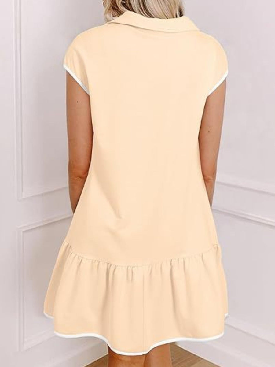Tan zip front cap sleeve ruffle dress with white trim