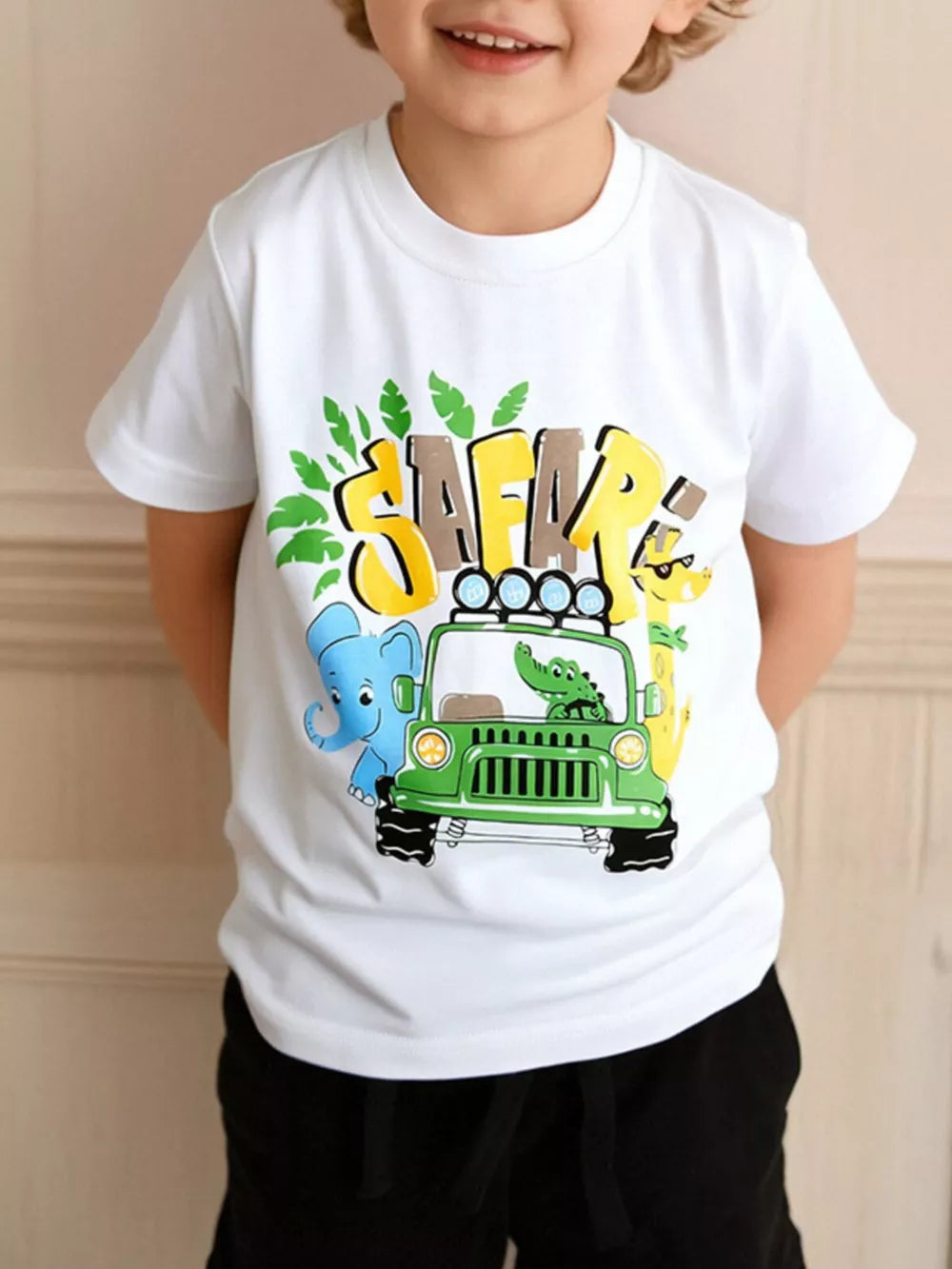 Playful Safari Adventure Graphic Tee for kids, cotton, casual style