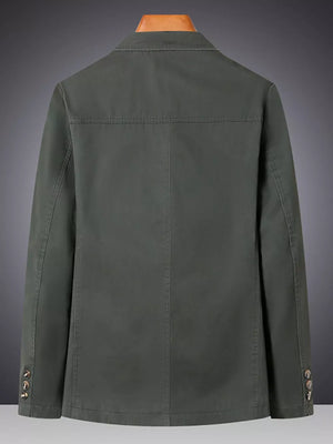 Military green cotton casual lapel blazer for men, buttoned cuffs detail.