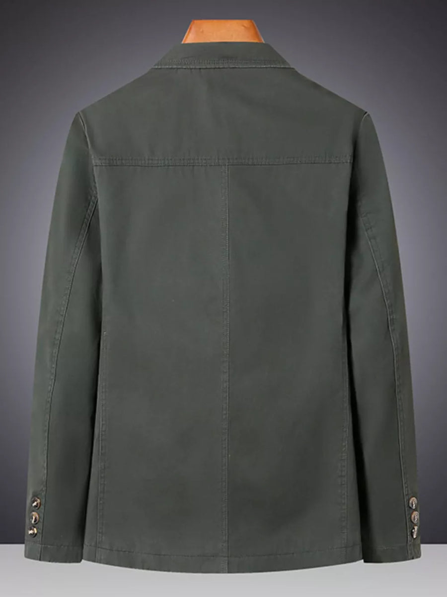 Military green cotton casual lapel blazer for men, buttoned cuffs detail.