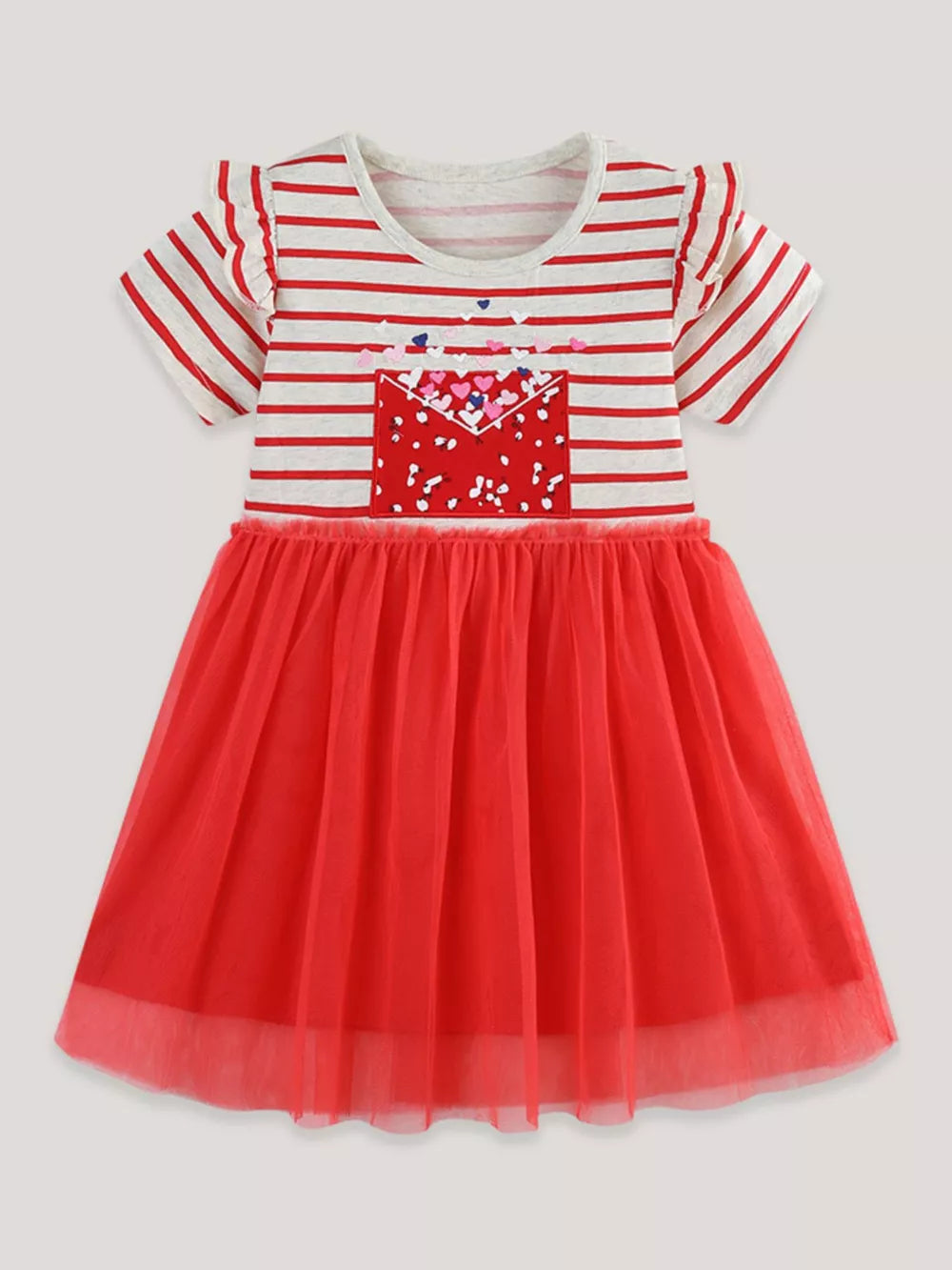 Red tulle dress with red and white striped top and heart envelope detail.