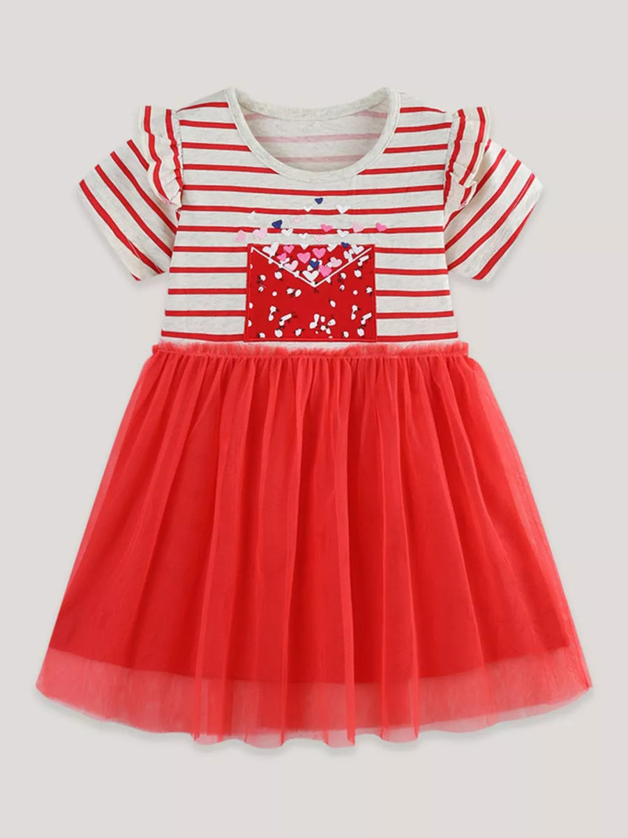 Red tulle dress with red and white striped top and heart envelope detail.