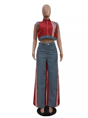Red zip-front crop top with denim trim and wide-leg jeans with red stripe detail
