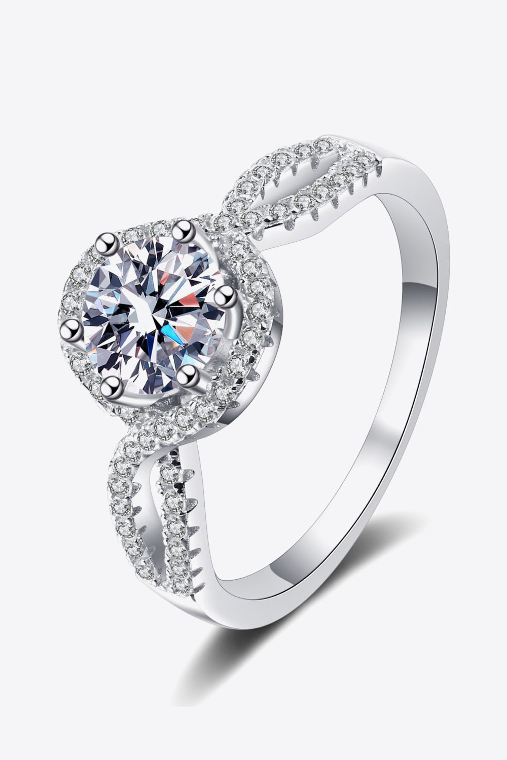 Silver moissanite engagement ring with halo and pave band