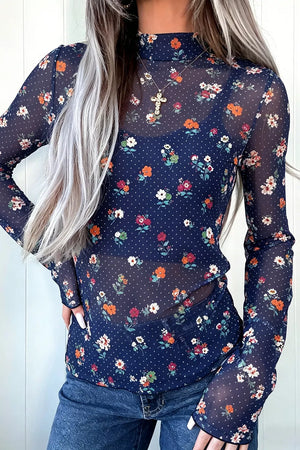 Navy Polka Dot Floral Mesh Long Sleeve Top