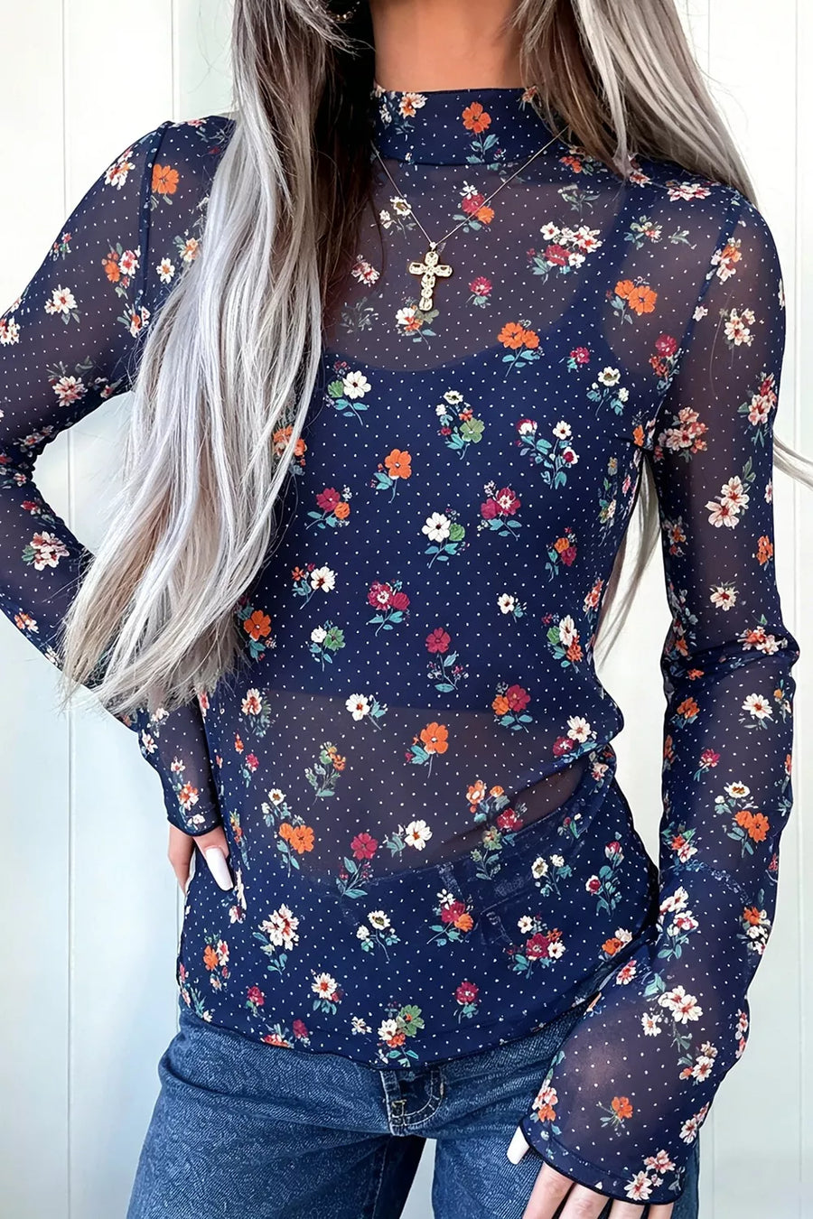 Navy Polka Dot Floral Mesh Long Sleeve Top